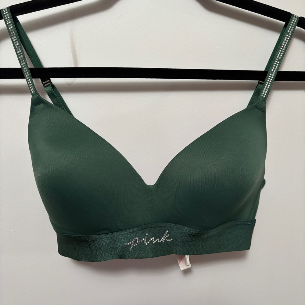 Victoria's Secret Pink 32D Green Wireless Wide Band Logo W/ Rhinestones